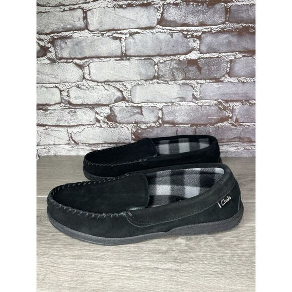 Clarks Venetian Black Suede Fur Lined Slip On Loafer Moccasin Slippers Men’s 10M - Picture 9 of 16